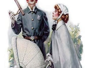 Policeman Watches Over New Mother - Art Print