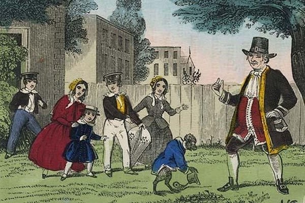 Monkey tips his hat a the teacher Throws coins by Charles Butler - Art Print