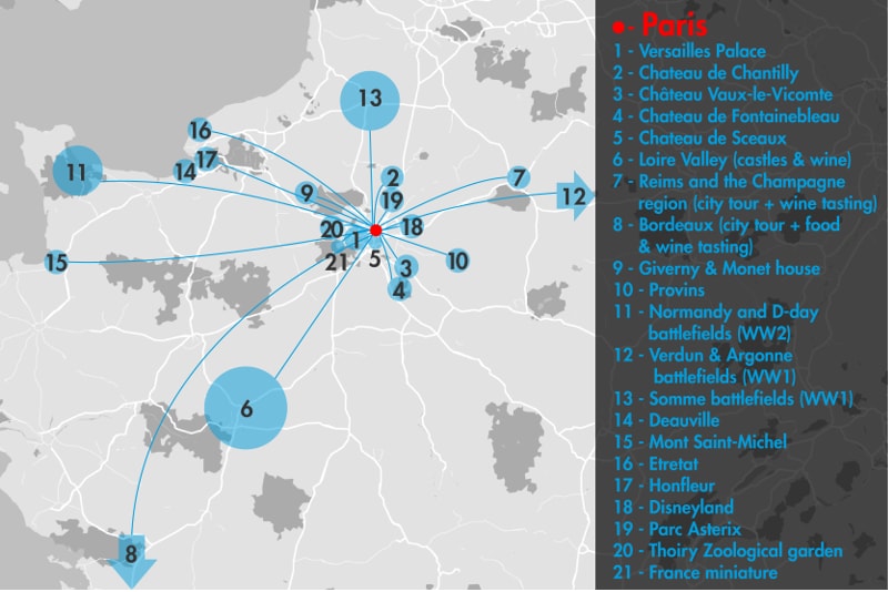 excursiones de un día desde el mapa de París