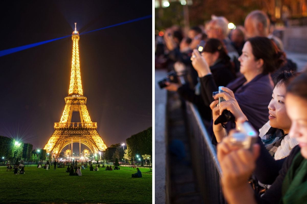 Eiffel Tower light show at night in Paris