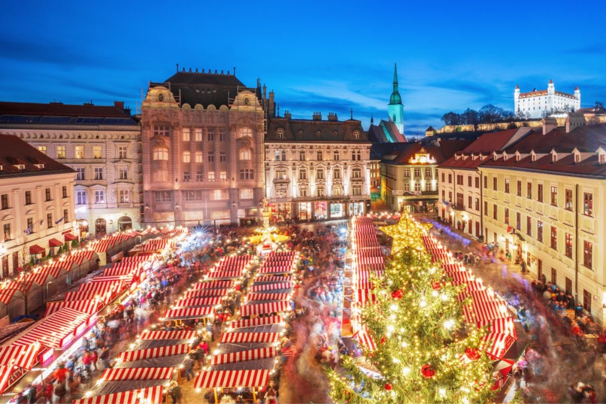 Main square and Christmas market in historical center of Bratislava city, Slovakia