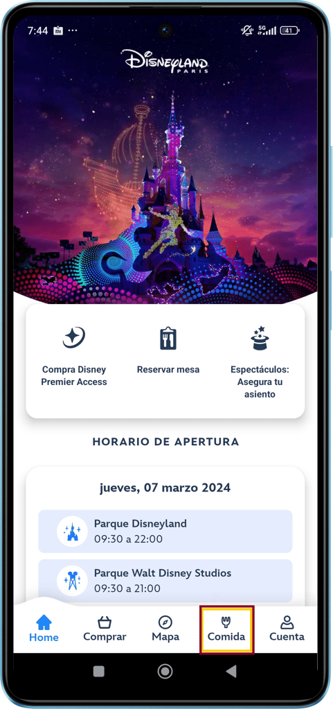 Disney Aplicación comida - Aplicación móvil de Disneyland París