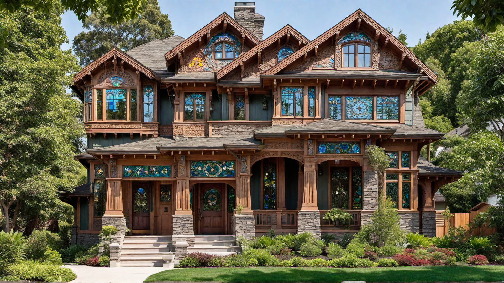 Detailed Carvings and Stained Glass on Front Door