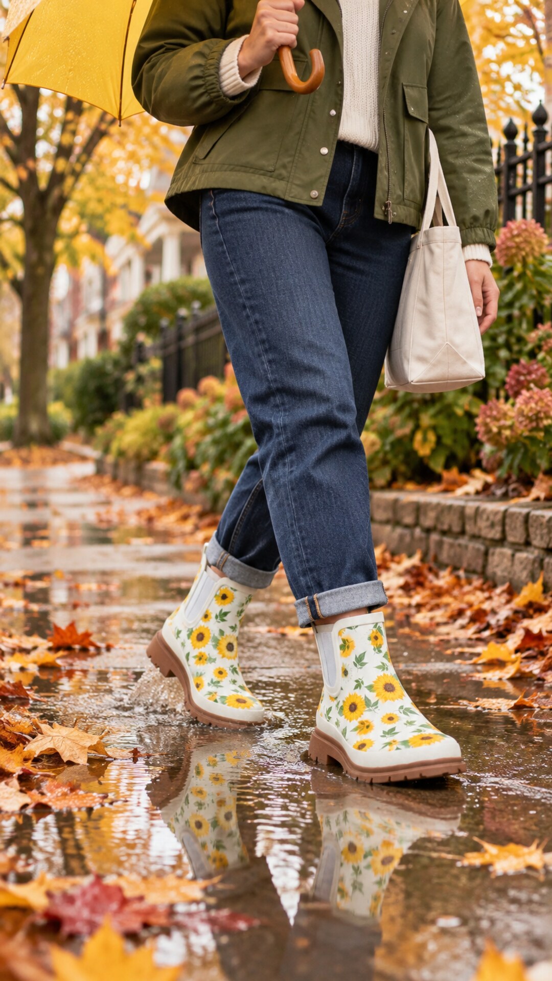 White sunflower-print Chelsea rain boots styled with cuffed jeans and an olive jacket on a rainy fall sidewalk