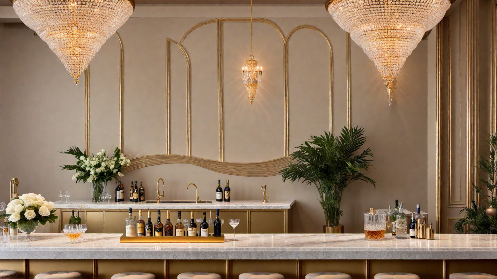 Glamorous Setting: Beige Home Bar with Gold Accents