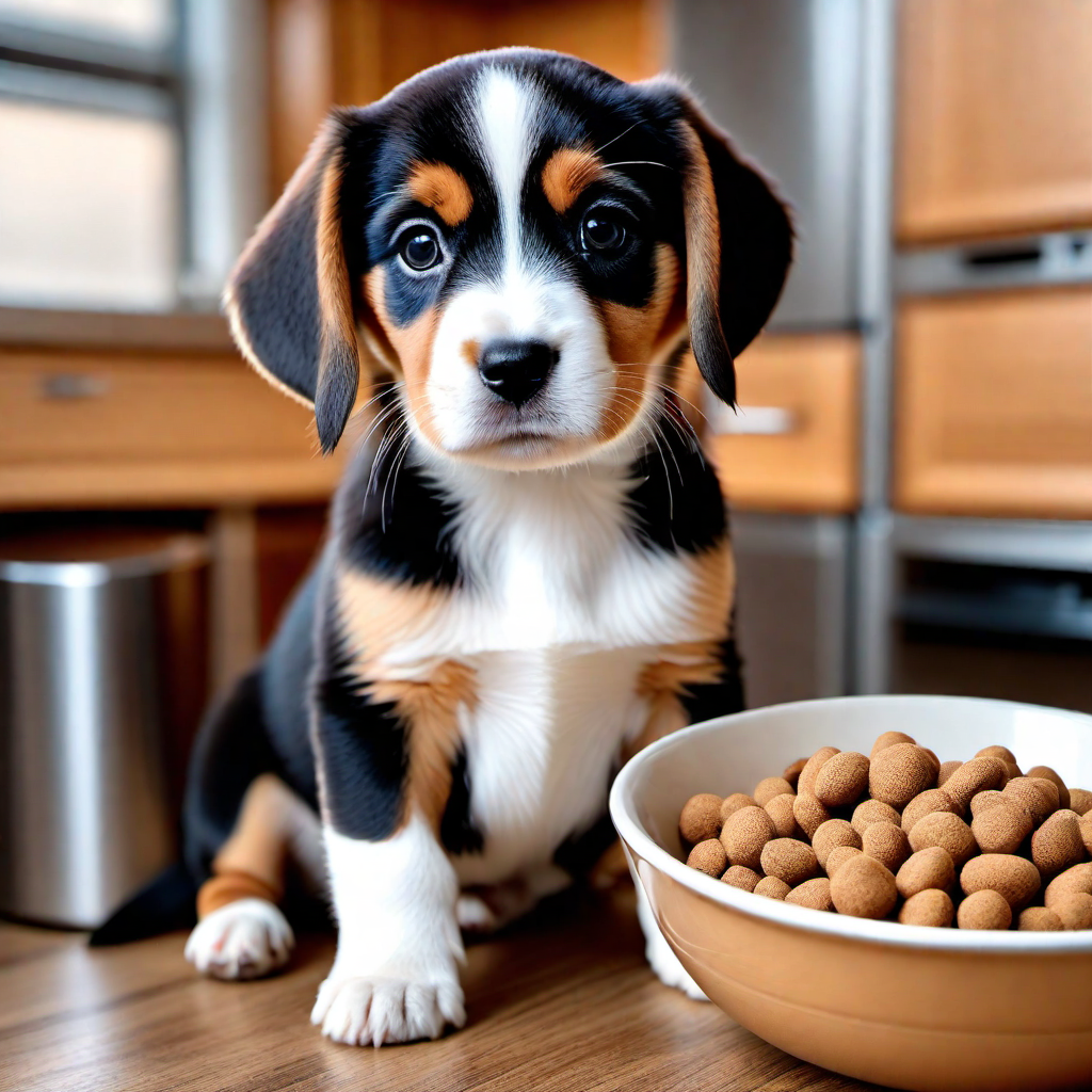 Small Beagle Puppy with a Full Bowl of Food