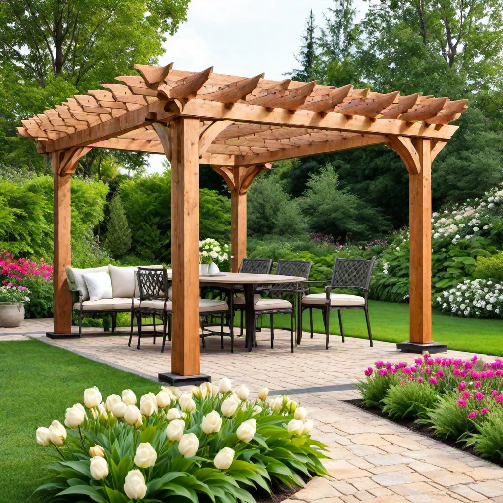 Rustic Appeal: Wooden Pergola with Rough-Hewn Beams