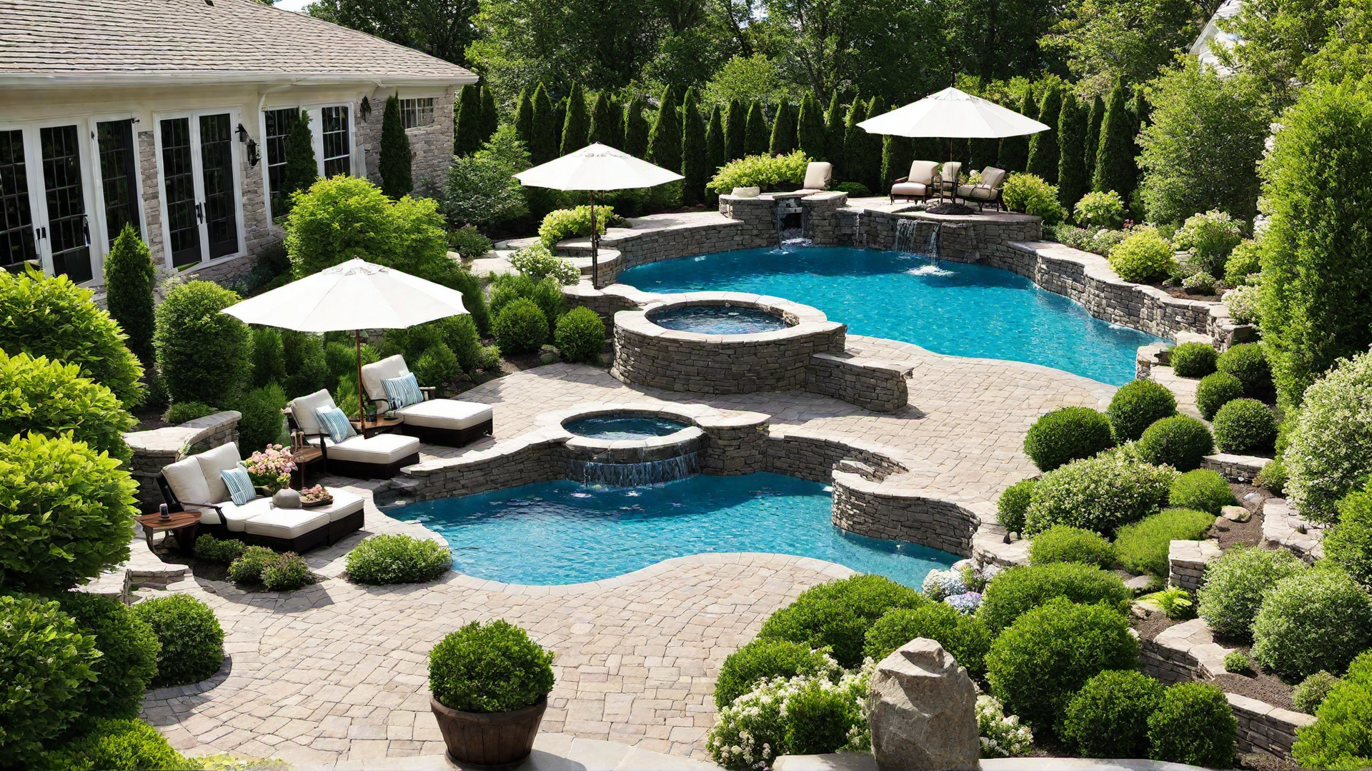 Modern Rustic: Pool with Wooden Deck and Stone Fire Pit