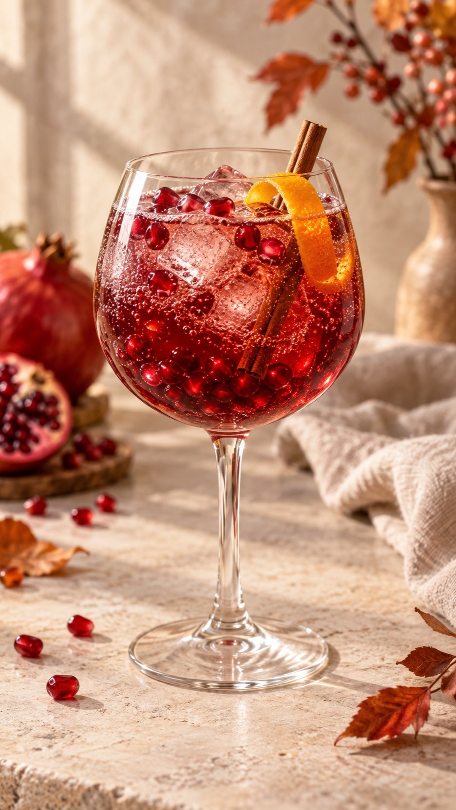 Pomegranate cinnamon tonic with orange peel and pomegranate arils