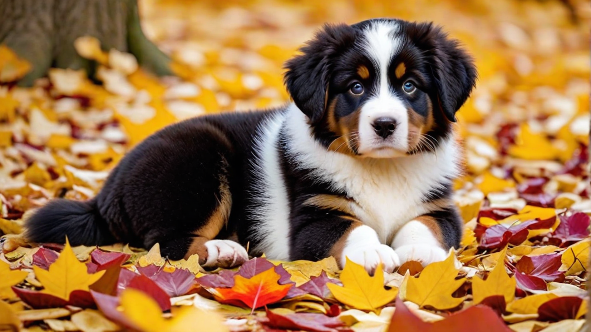 Portrait of a Bernese Puppy with Autumn Leaves