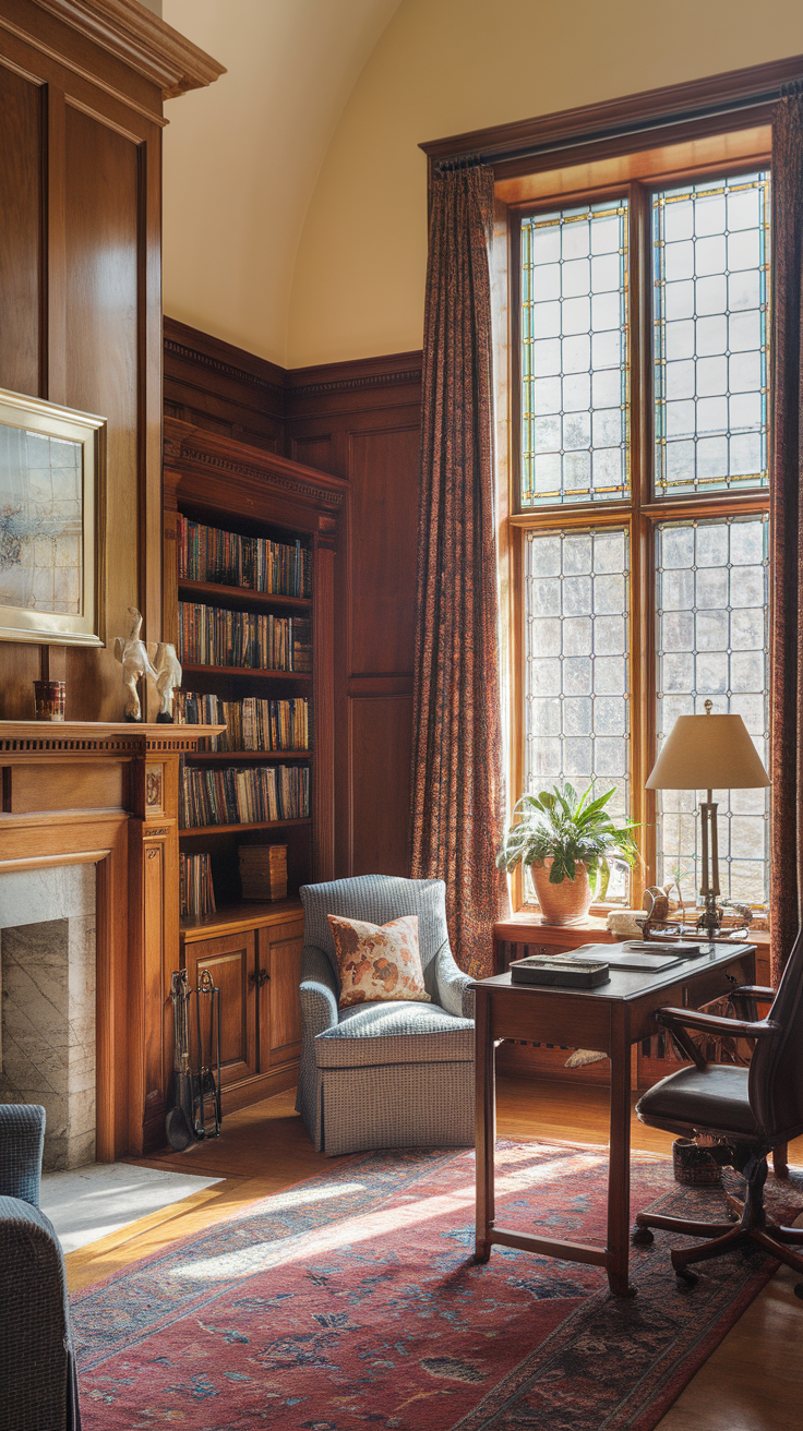 A cozy room featuring rich wood paneling, a bookshelf, and a comfortable seating area.