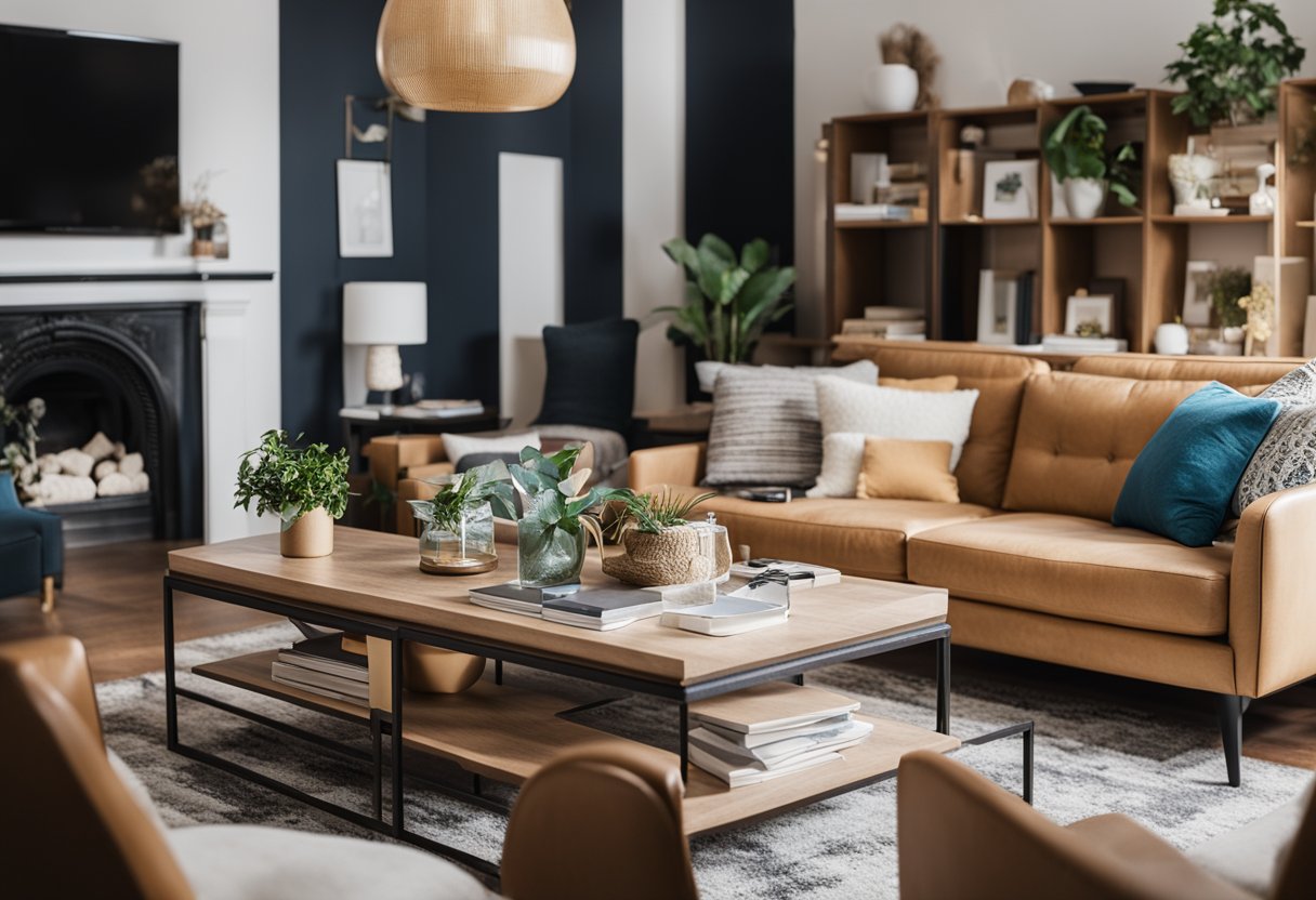 A cluttered living room with mismatched decor, trendy but overrated items, and excessive accessories. The space feels chaotic and lacks a cohesive aesthetic