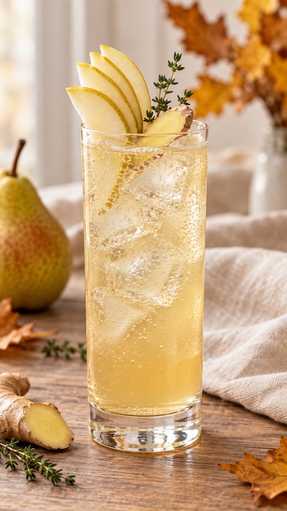 Pear vanilla ginger sparkler with pear fan and thyme
