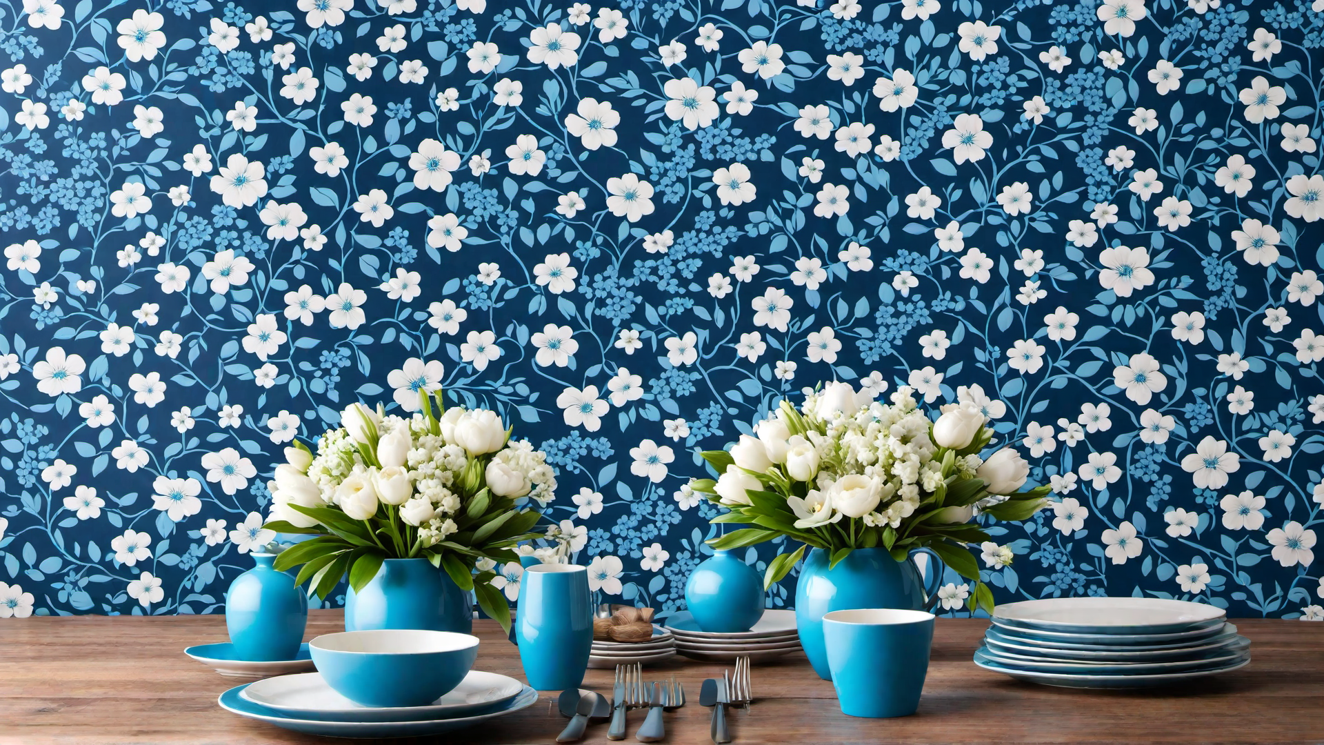 Botanical Blues: Blue Floral Wallpaper in the Dining Area