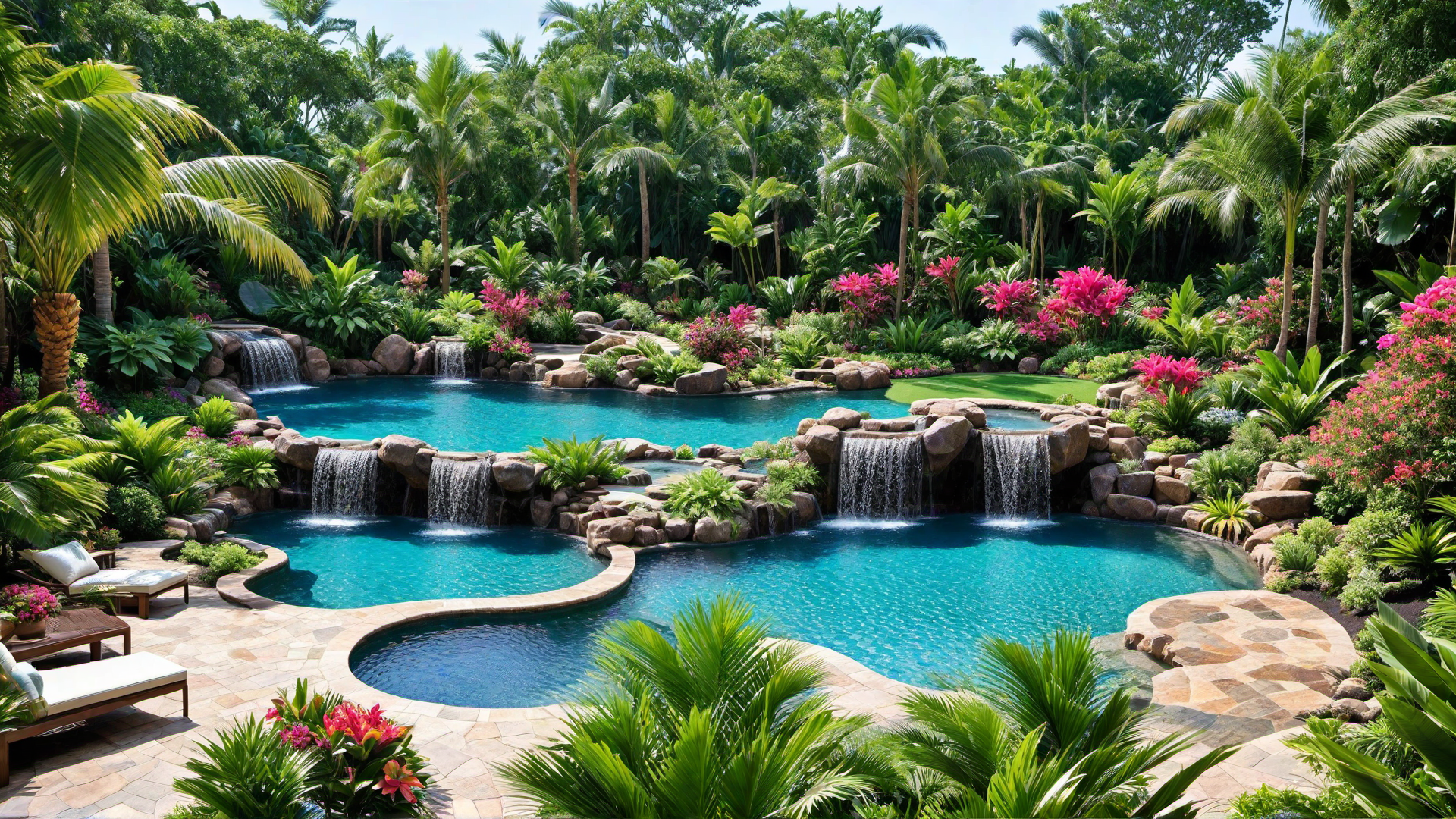Backyard Lagoon Pool with Lush Landscaping