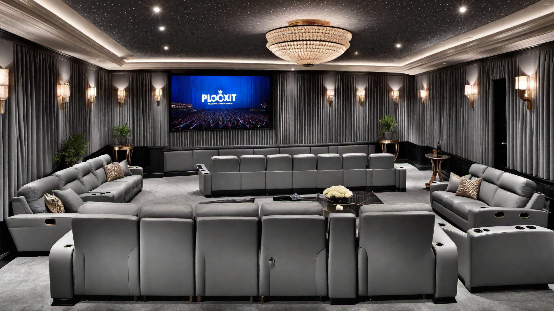 Art Deco Inspired Grey Home Theater with Plush Seating