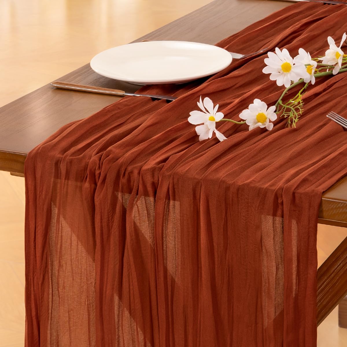 Terracotta cheesecloth table runner