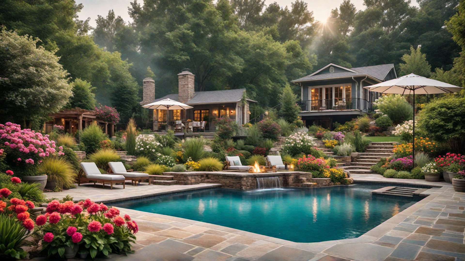 Garden Pool with Colorful Flowers and Plants