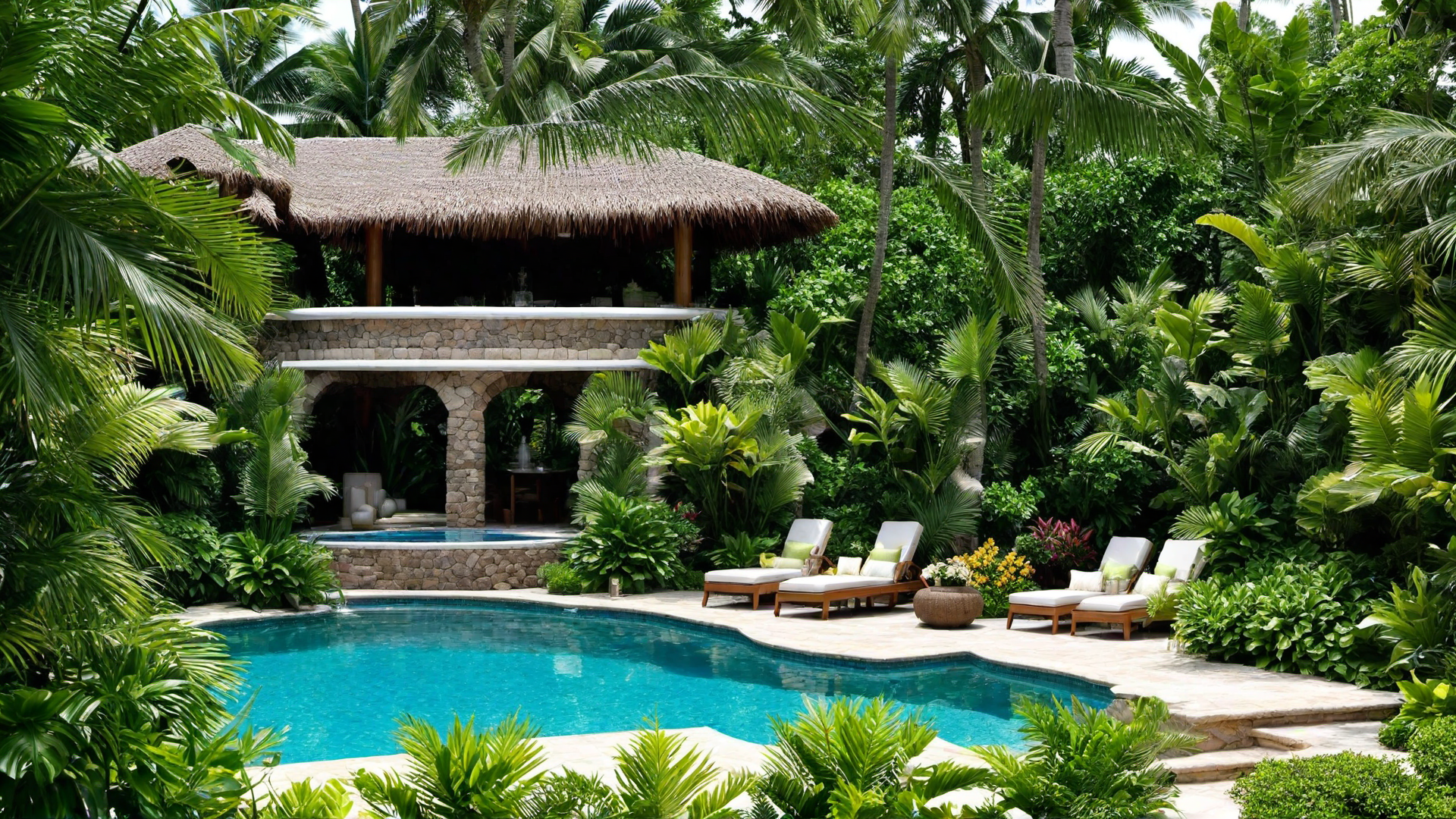 Tropical Pool with a Thatched Roof Cabana