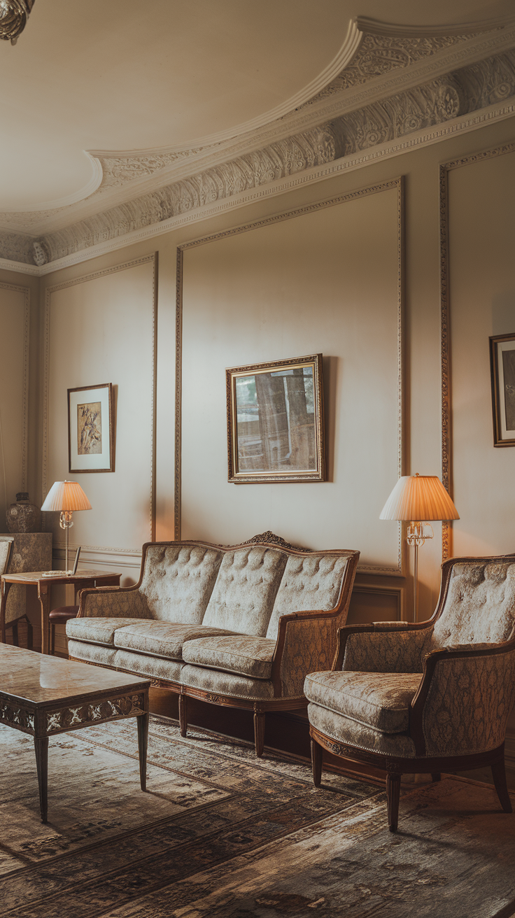 A beautifully decorated room featuring elegant crown molding, vintage furniture, and soft lighting.