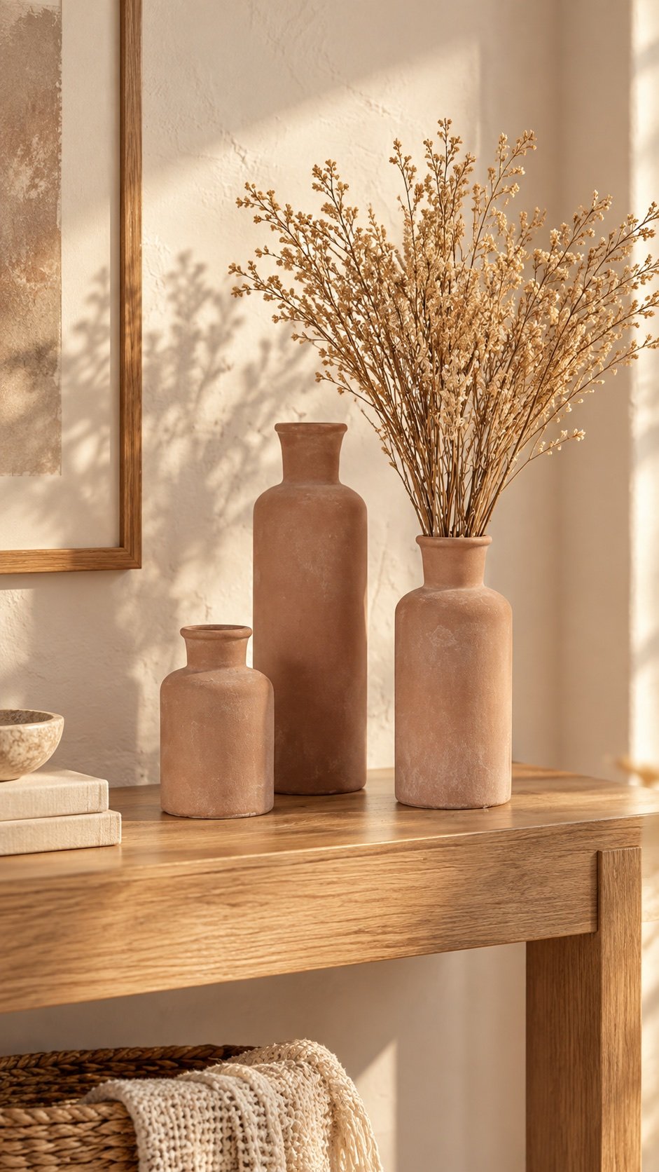Set of three rustic terracotta vases with dried fall stems on a living room console
