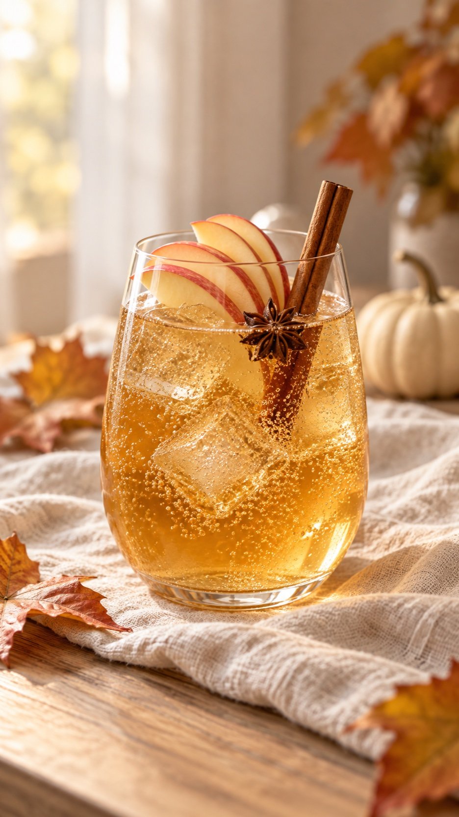 Spiced Honeycrisp cider spritz with apple slices and cinnamon