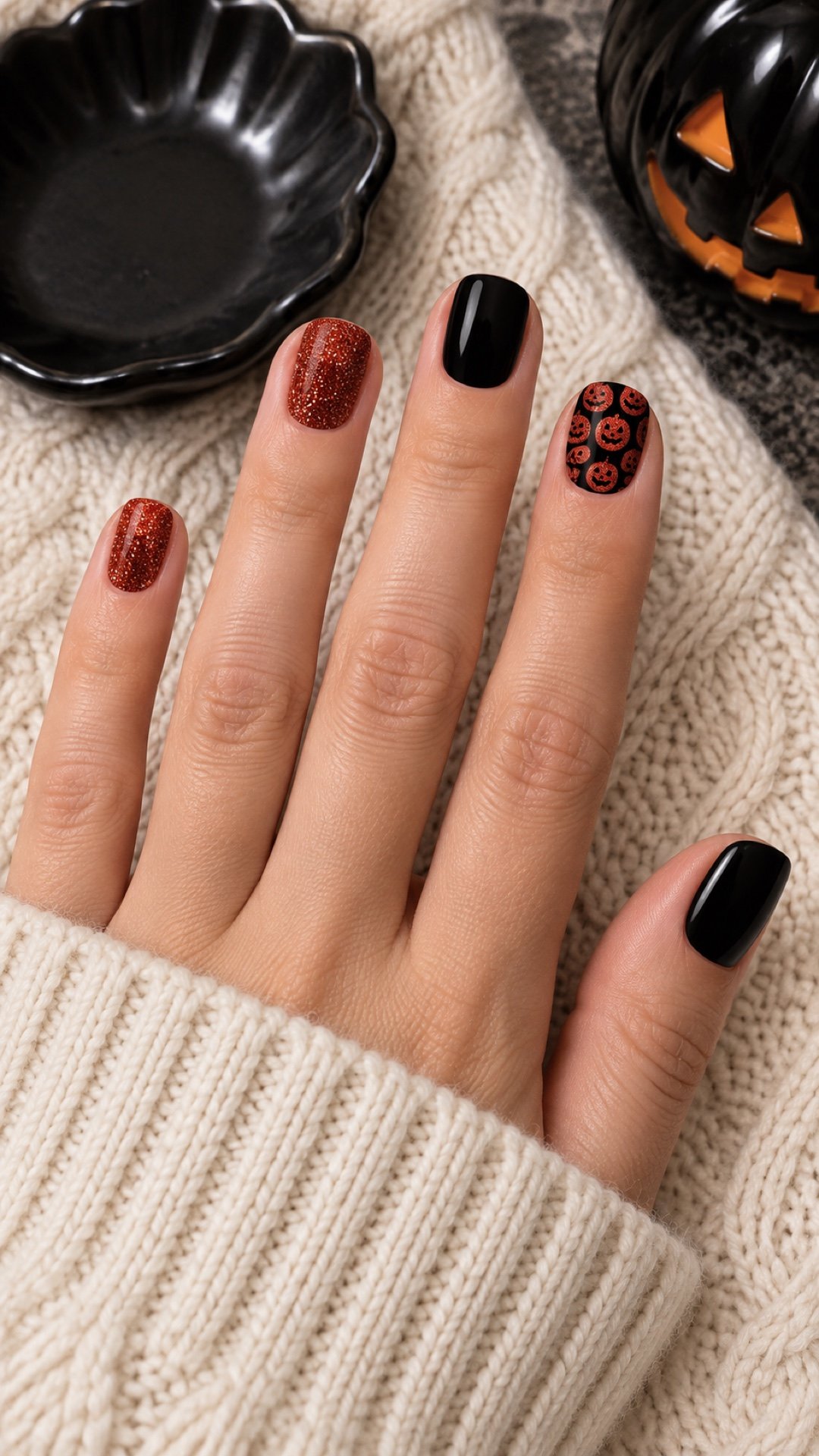 One complete five-finger hand wearing black copper glitter and pumpkin-pattern Halloween nail wraps