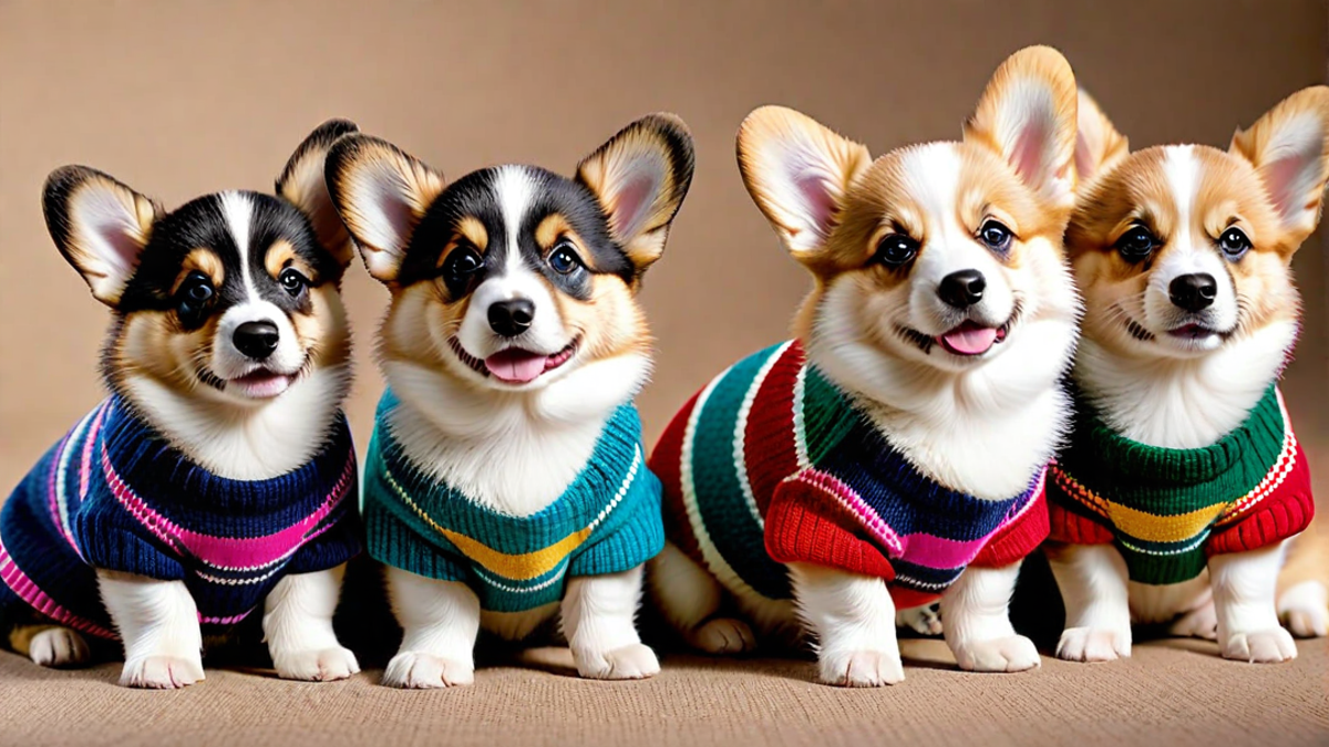 Tiny Corgi Puppies in Colorful Sweaters