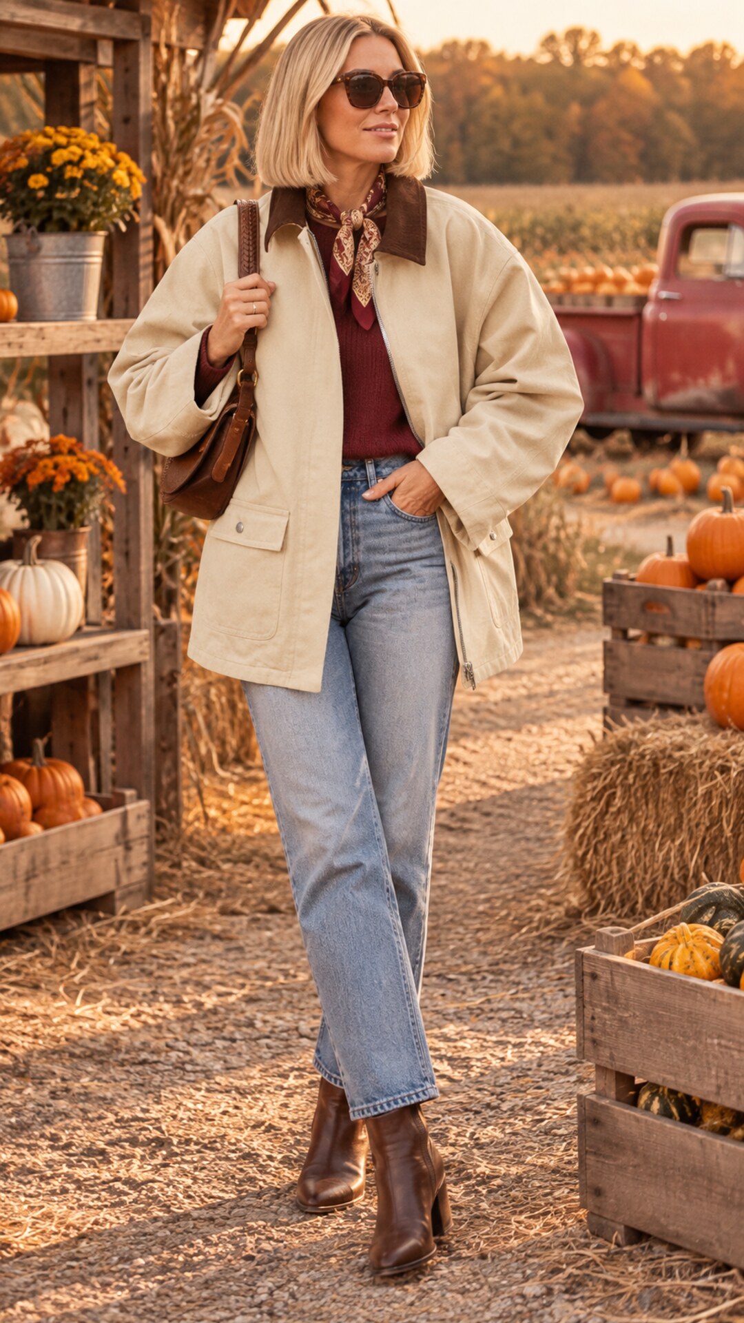 Woman wearing a cream barn jacket with burgundy sweater and straight-leg jeans at a pumpkin patch