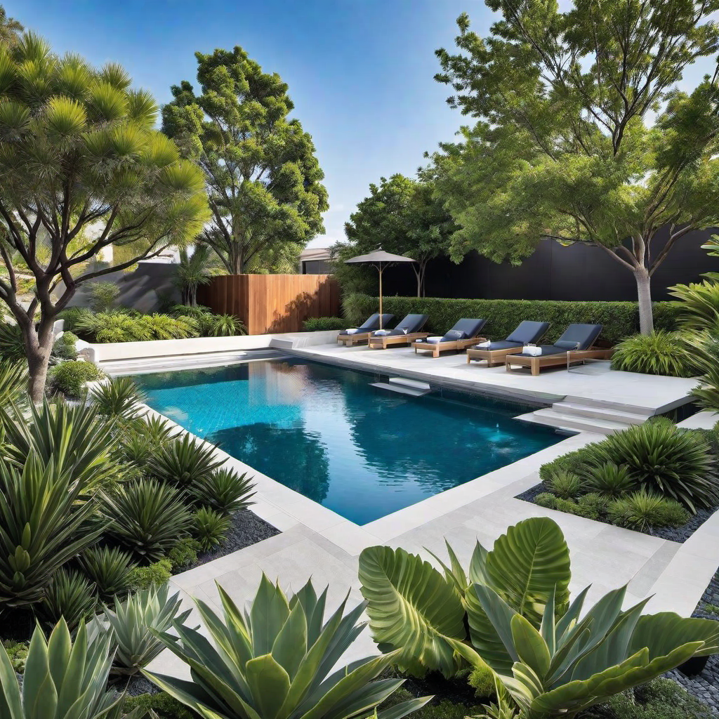 Urban Escape: Large Potted Plants Around Pool