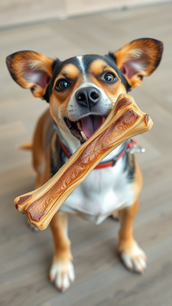 A dog looking at a rawhide chew with caution signs in the background.