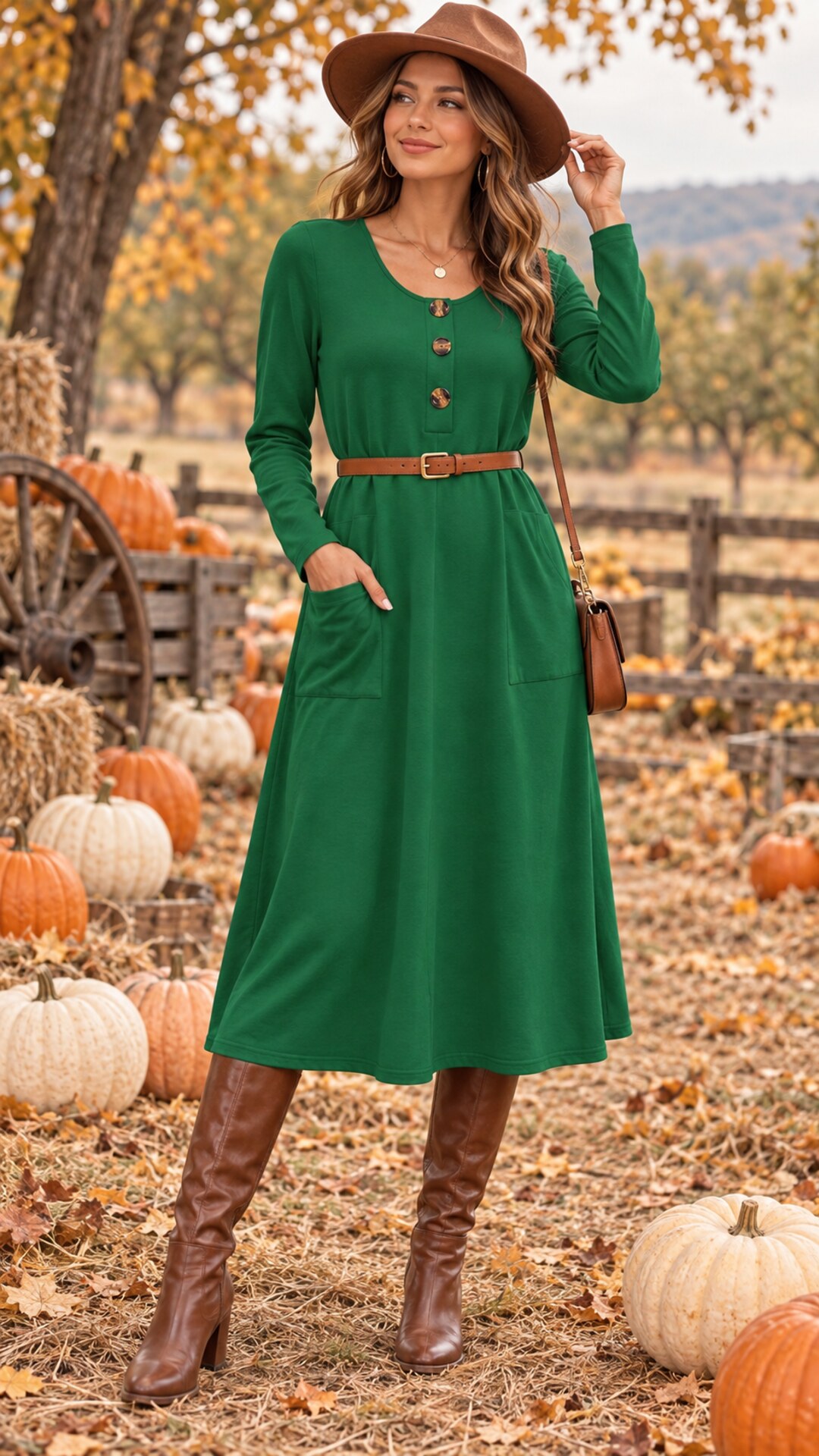 Woman wearing an emerald green midi dress with cognac boots at a pumpkin patch