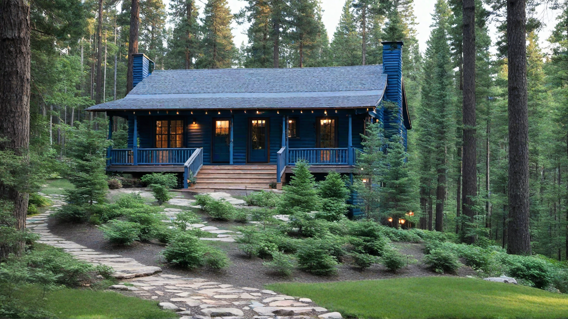 Blue Log Cabin in a Forest Setting
