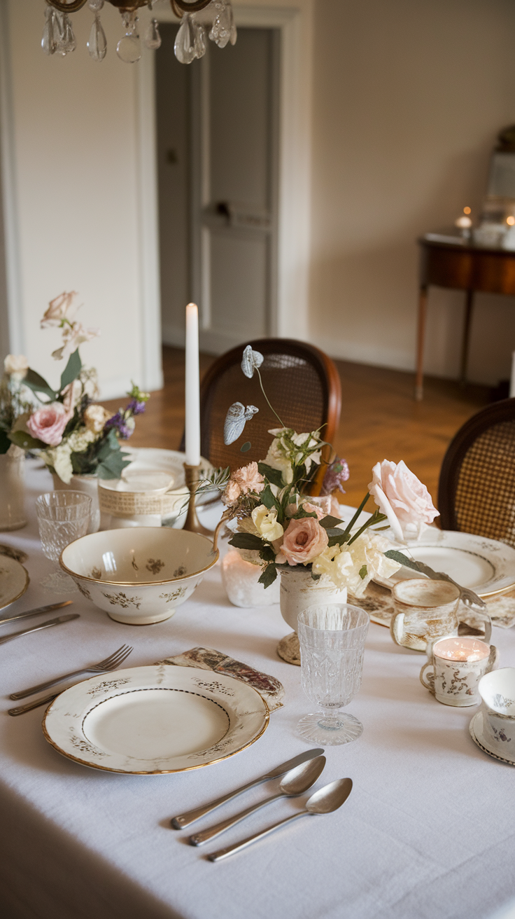 A beautifully set dining table with delicate floral arrangements and elegant tableware.