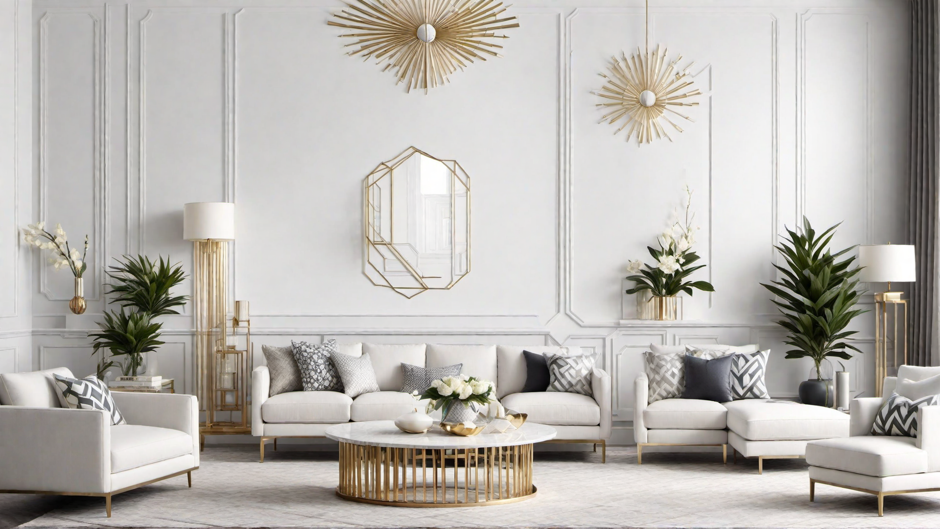 Art Deco White Living Room with Geometric Patterns and Metallic Accents