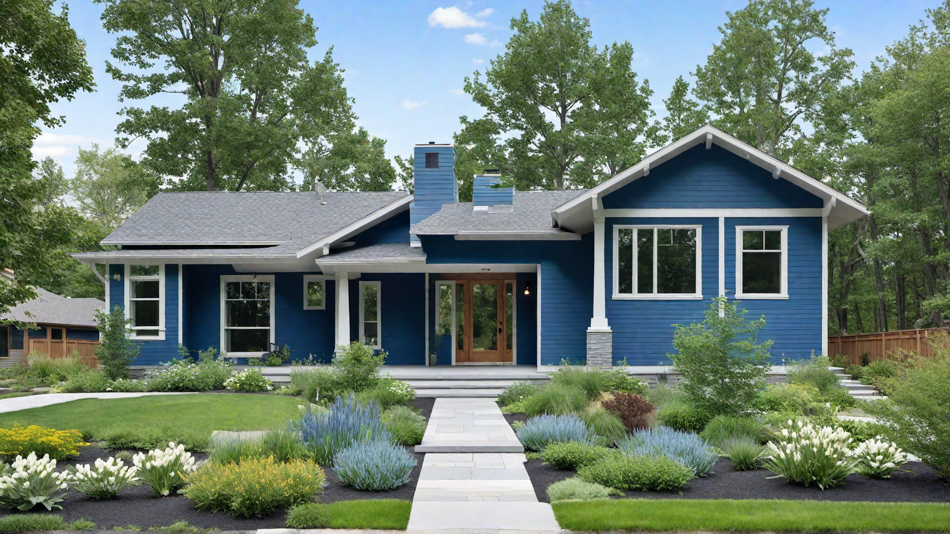 Blue Prairie Home with Low-Pitched Roof