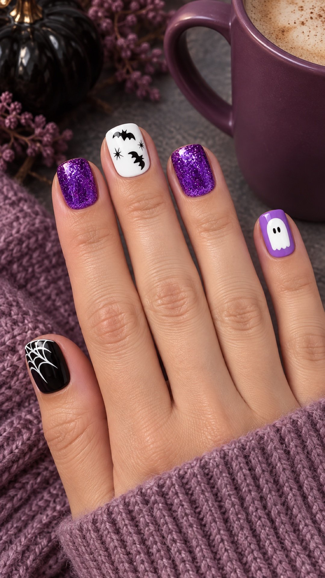 One complete five-finger hand wearing purple glitter Halloween press-on nails with ghost and bat accents