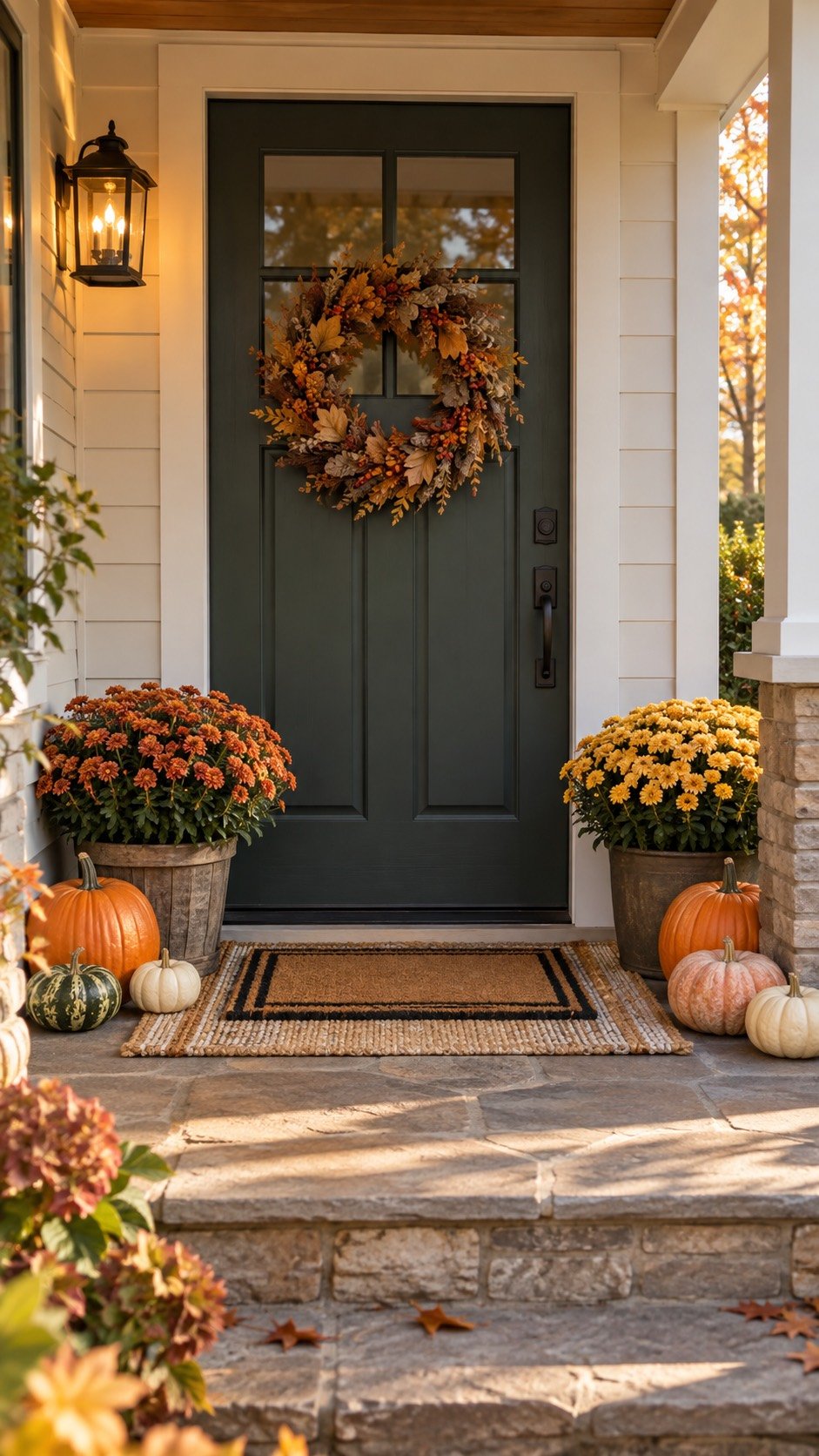 Fall foundation for a Halloween front porch with a layered doormat, mums and pumpkins