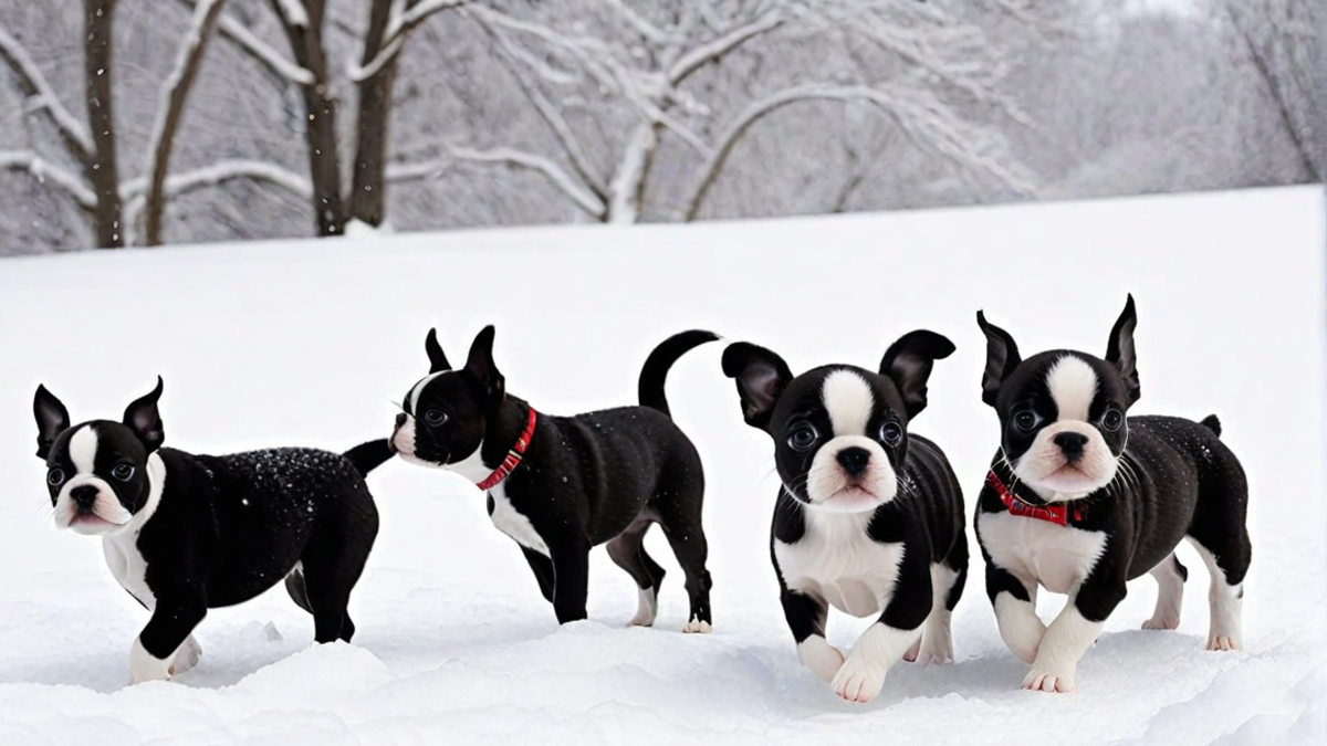 Winter Fun: Boston Terrier Puppies in the Snow