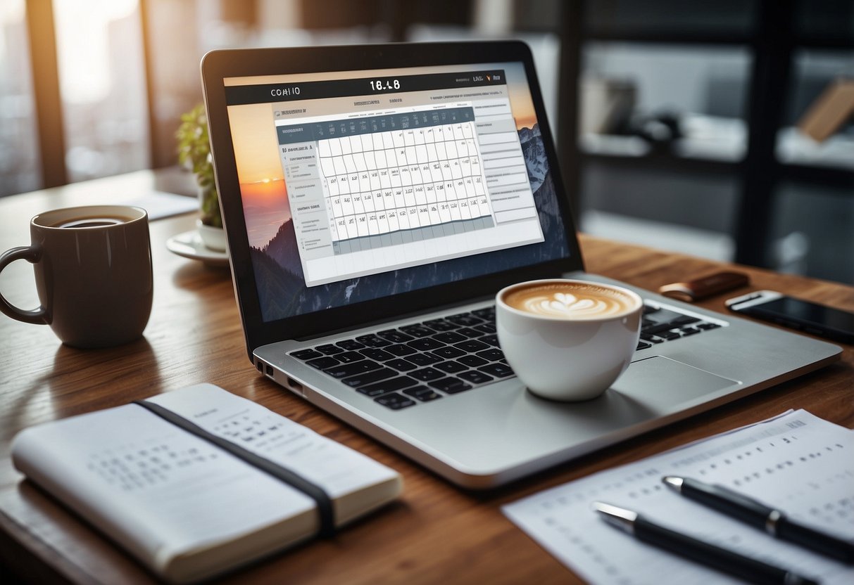 A desk with a laptop, calculator, and receipts. A wallet and budget planner open on the table. A stack of financial books in the background