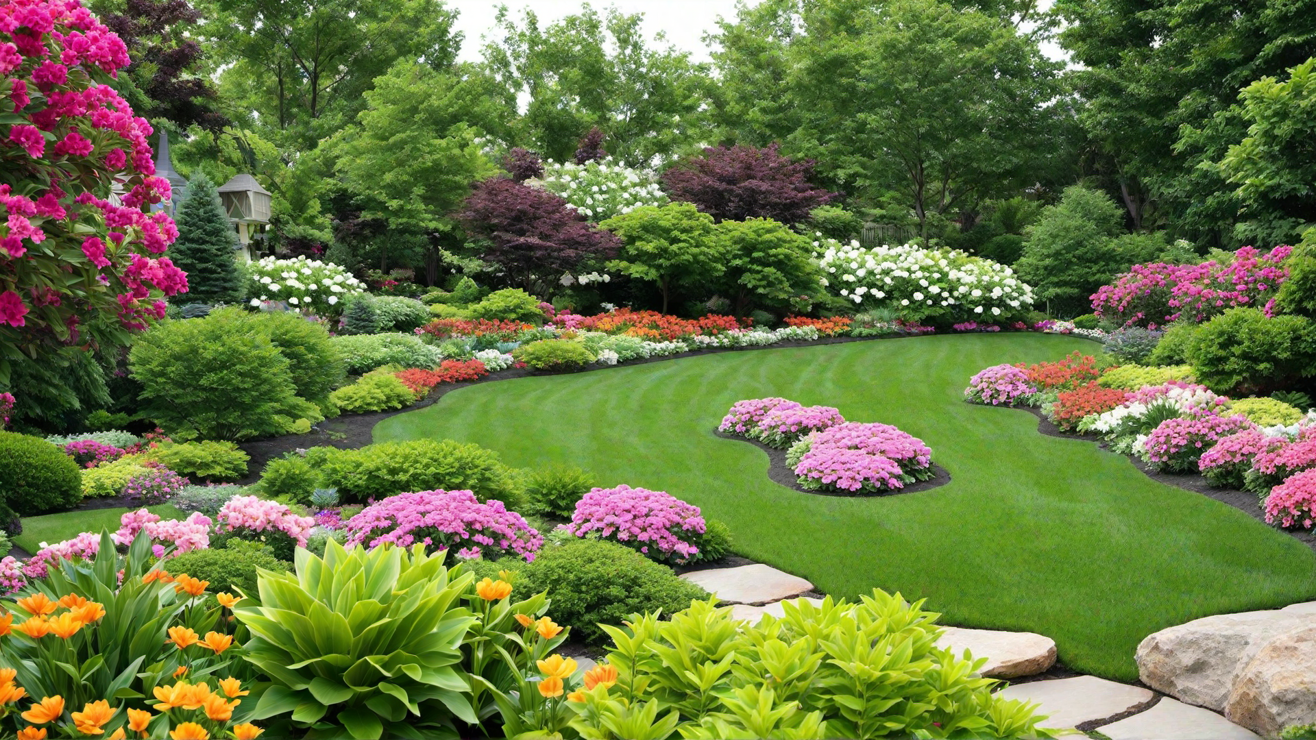 Colorful Flower Beds Amidst Lush Lawns