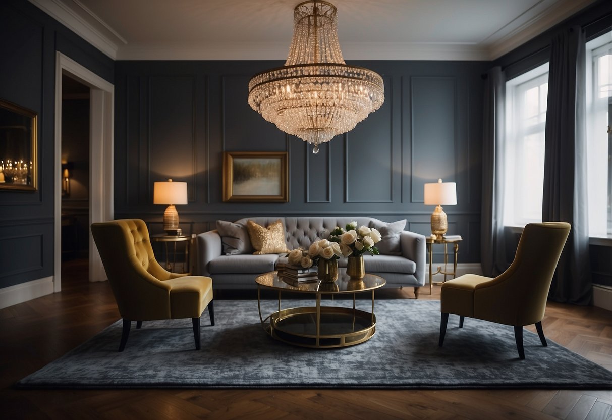 A tiny couch overwhelms a small room, while an oversized chandelier dwarfs the dining area. A large rug engulfs the space, and a massive piece of artwork dominates the wall