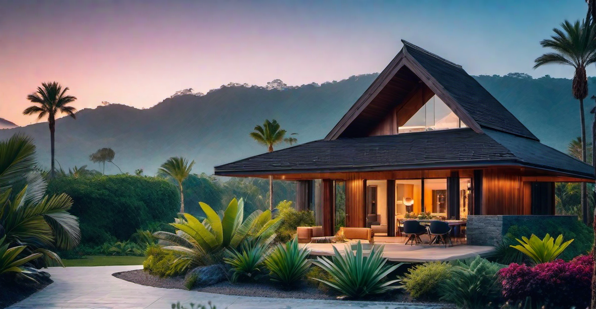Tropical Paradise: Wood Slat Exterior Wall with Palapa-Inspired Roof