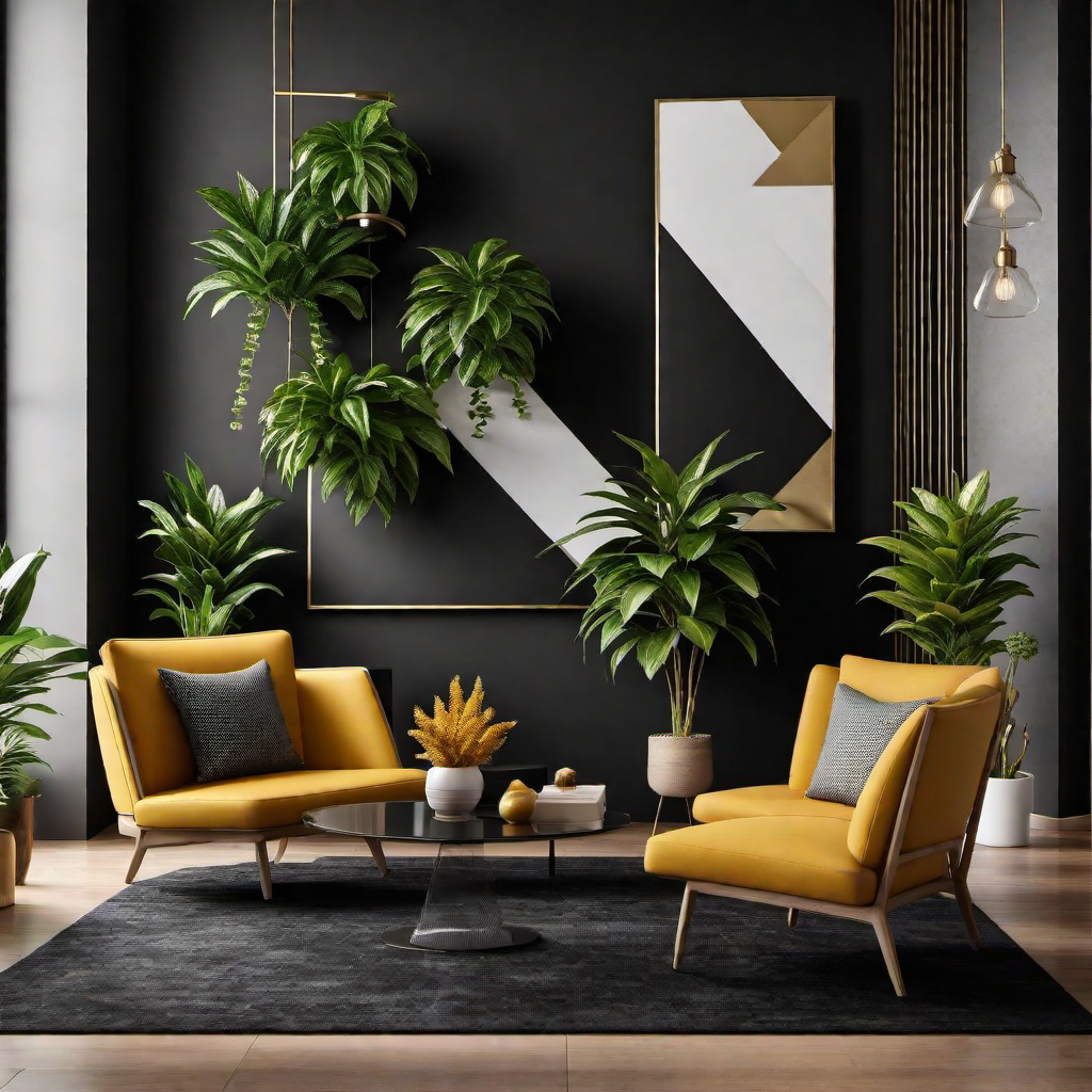 Harmonious Blend: Black Accent Wall with Plants