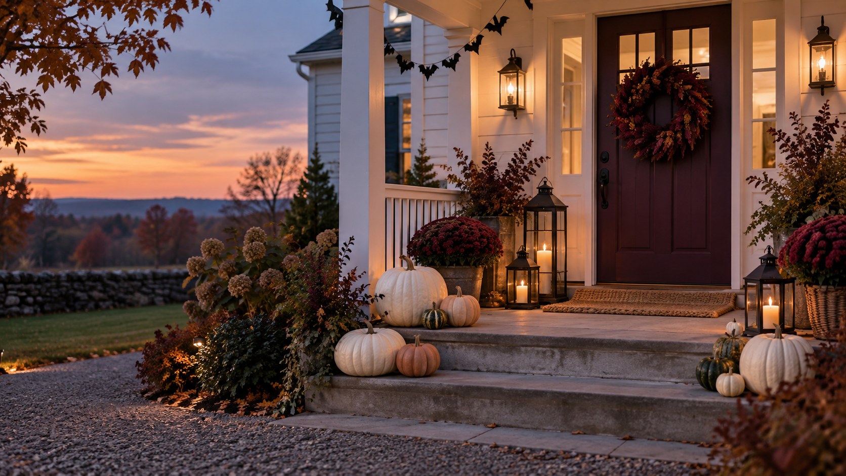 Halloween front porch with burgundy door, lanterns and pumpkins at dusk