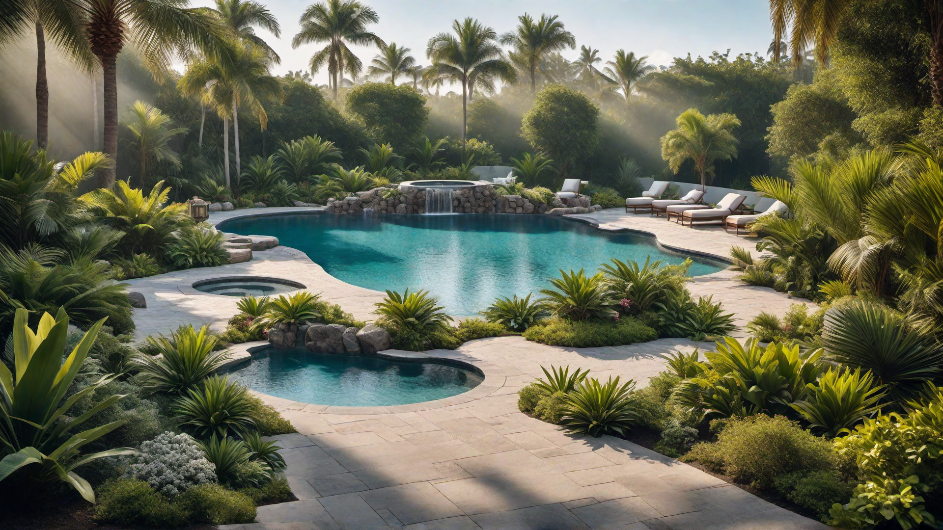 Tropical Oasis: Pool with Lush Greenery and Palm Trees