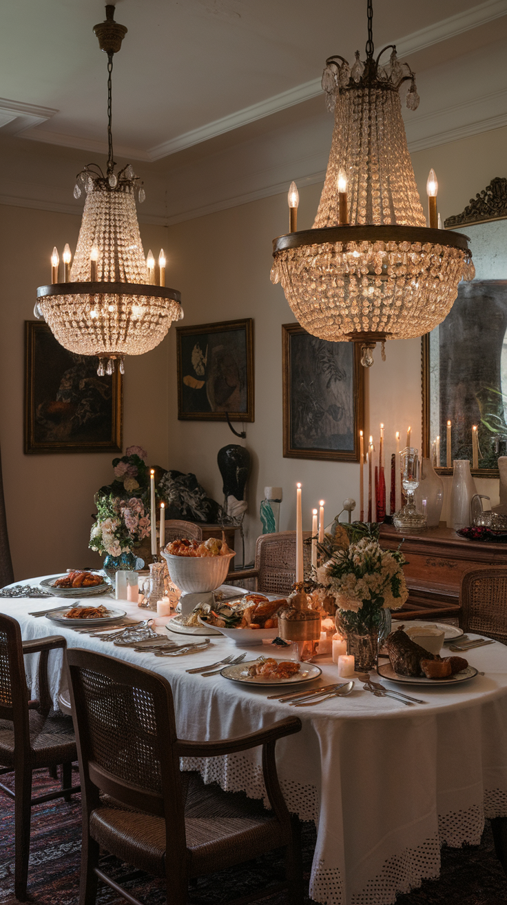 A traditional dining room featuring vintage chandeliers and a beautifully set table.