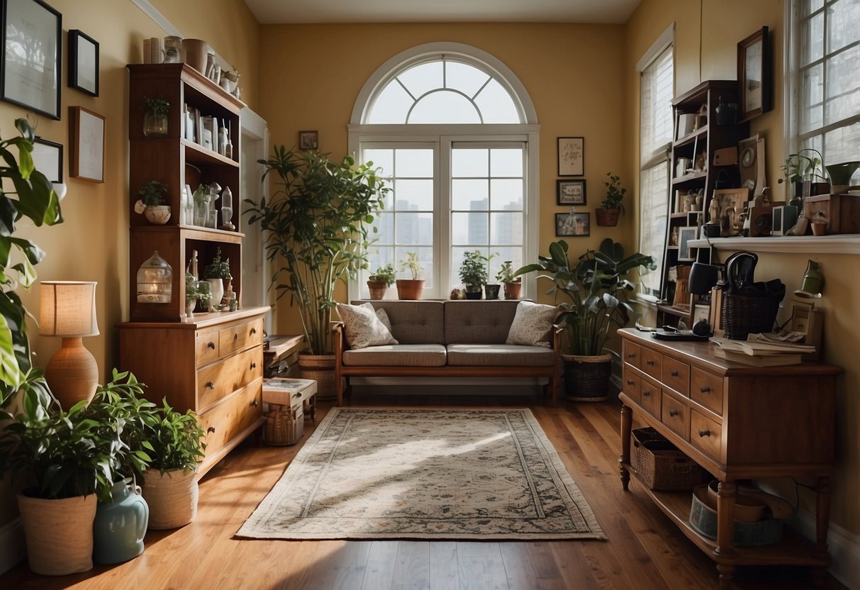 A cluttered entryway with mismatched furniture and crowded decor. Walls are bare, and the space lacks organization and cohesion
