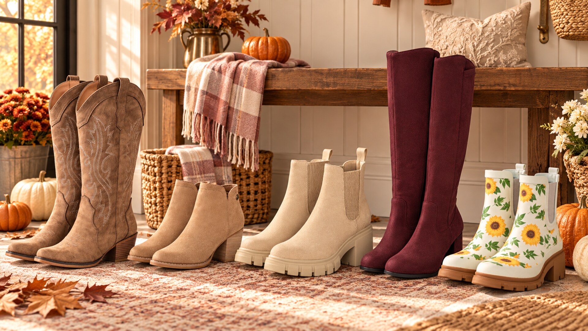 Five cute fall boot styles arranged in a warm autumn entryway