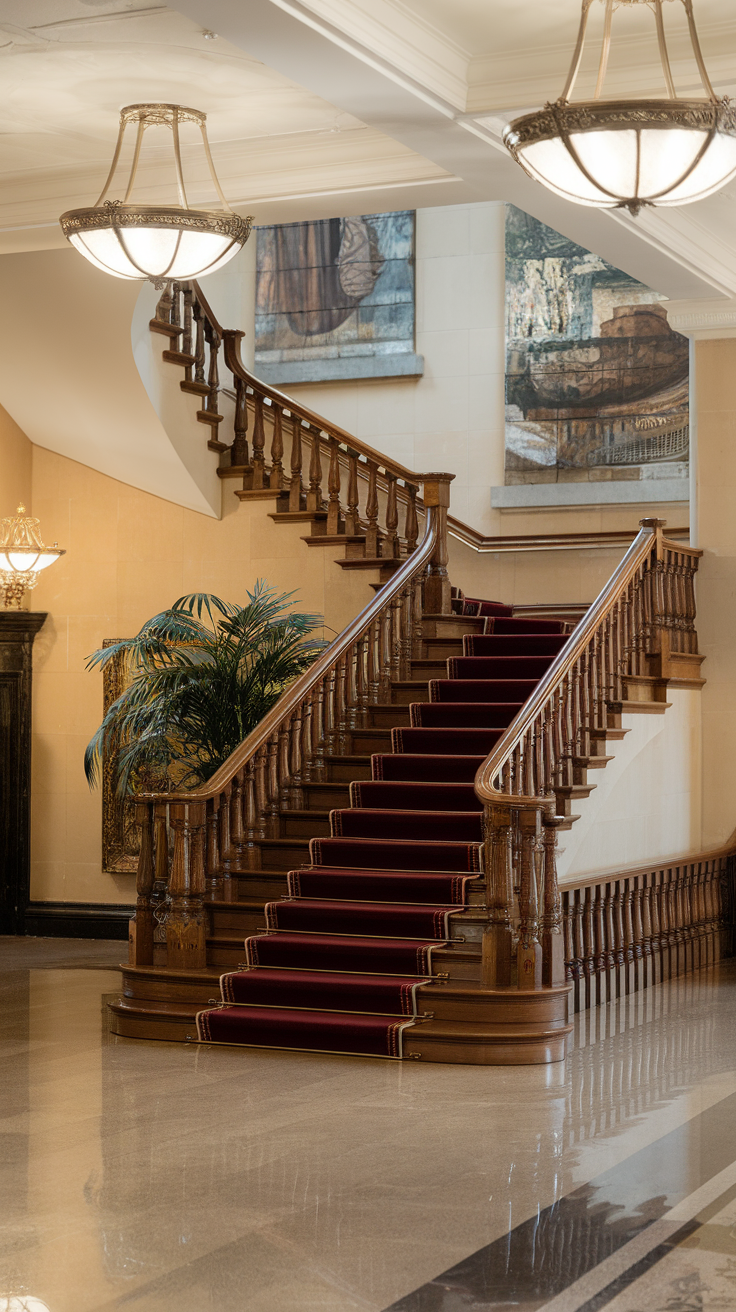 A beautifully designed wooden staircase with elegant railings and red carpet.